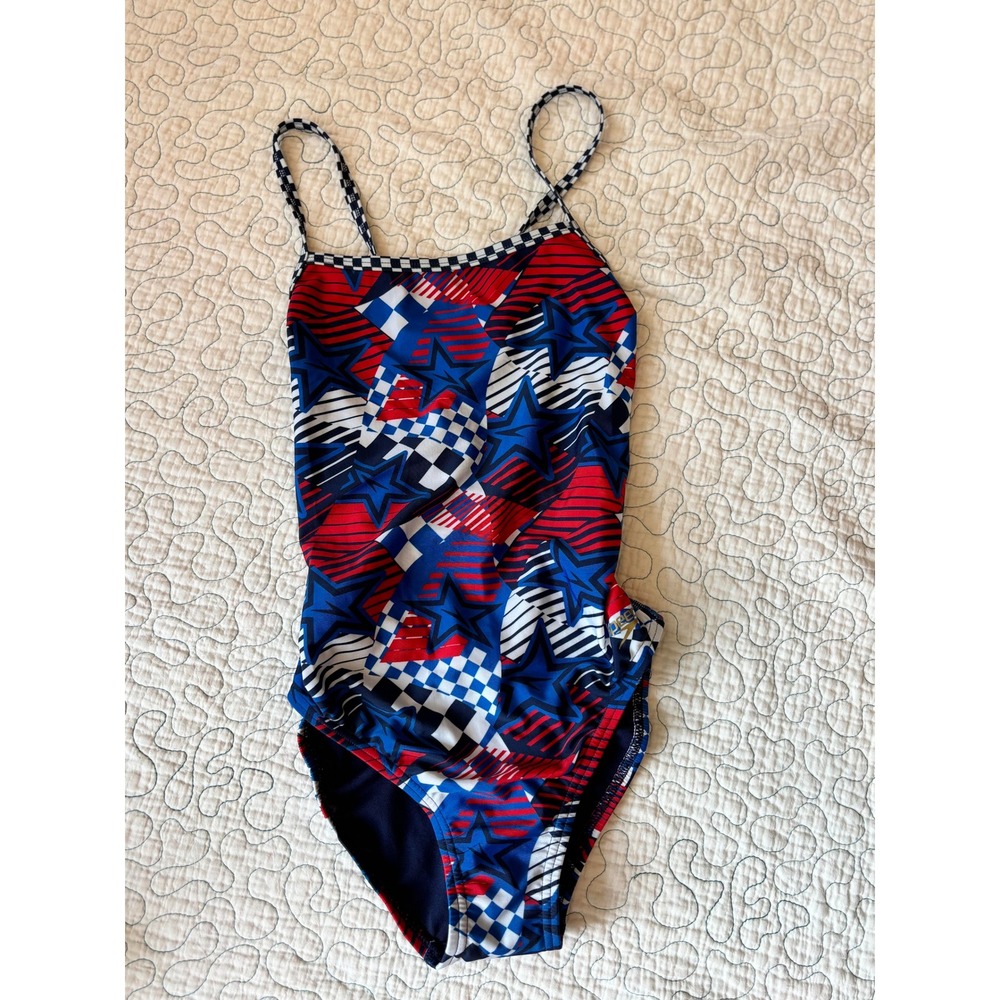 Speedo Overdrive‎ One Piece Swimsuit True Cobalt Stars Stripes Red White Blue 34